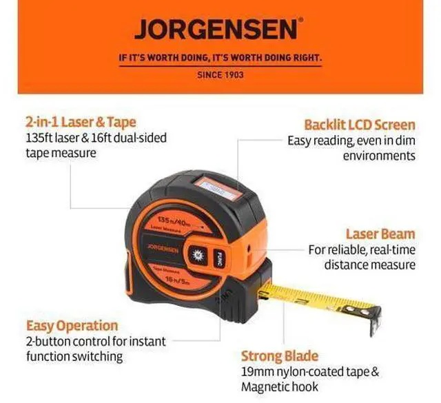 Alt view image 2 of 7 - Laser Tape Measure 2-in-1, 135Ft Laser Measuring Tool & 16Ft Measuring Tape with Movable Magnetic Hook, Laser Measure for Pythagorean, Area, Volume, Unit Ft/Ft+in/in/M NOT Digital