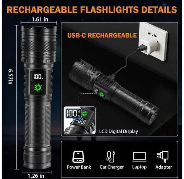 Alt view image 3 of 7 - 3Pack Rechargeable Flashlights High Lumens 9900FL, LED Flashlight Rechargeable with LCD Digital Display, 5Modes Adjustable Flash Light, Super Bright Flashlight Powerful, Tactical Flashlights for Home