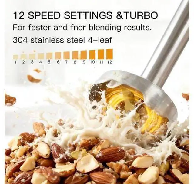 Alt view image 3 of 6 - Stainless Steel Titanium Reinforced 3-in-1 Immersion Hand Blender, Powerful with 80% Sharper Blades, 12-Speed Corded Blender, Including Whisk and Milk Frother (3-in 1 Black)