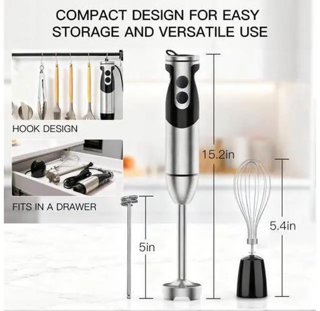 Alt view image 5 of 6 - Stainless Steel Titanium Reinforced 3-in-1 Immersion Hand Blender, Powerful with 80% Sharper Blades, 12-Speed Corded Blender, Including Whisk and Milk Frother (3-in 1 Black)