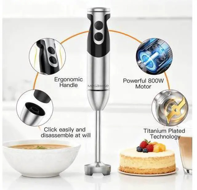 Alt view image 4 of 6 - Stainless Steel Titanium Reinforced 3-in-1 Immersion Hand Blender, Powerful with 80% Sharper Blades, 12-Speed Corded Blender, Including Whisk and Milk Frother (3-in 1 Black)