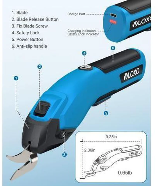 Alt view image 6 of 7 - Cordless Cardboard Cutter, 4V Rechargeable Electric Scissors Carpet Super Scissors with 3 Different Blades and Safety Lock Powerful Box Cutter for Fabric Cardboard Leather (Blue) Y4007