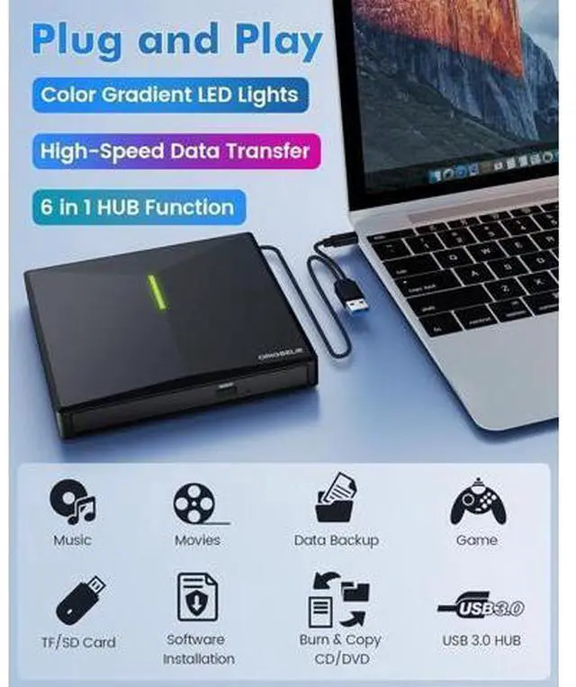 Alt view image 2 of 7 - External CD/DVD Drive for Laptop, USB 3.0 DVD Player with 4 USB Ports & 2 TF/SD Card Slots, Portable CD/DVD +/-RW Drive Burner Reader Writer for Desktop PC Windows 11/10/8/7 Linux Mac OS