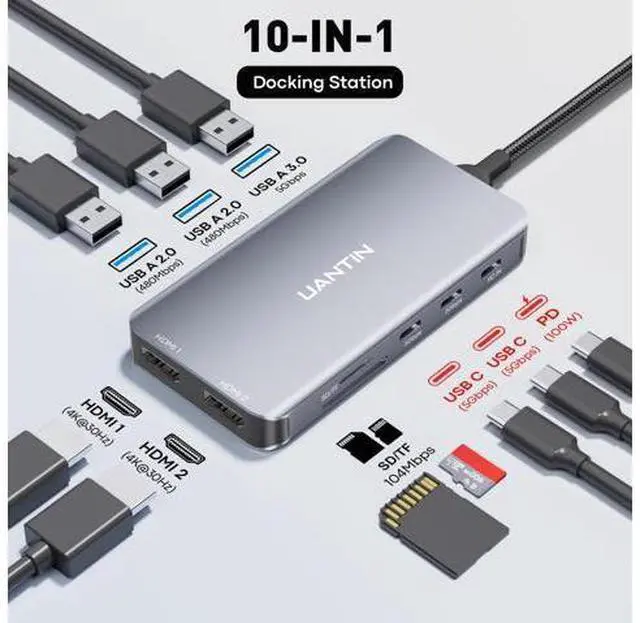 Alt view image 2 of 7 - USB C Docking Station Dual Monitor, 10-in-1 USB C to Dual HDMI Adapter with 2HDMI Ports, USBC & USBA 3.0, SD/Micro SD, 100W PD, Laptop Docking Station for Dell XPS/HP/Lenovo/Mac/Surface etc