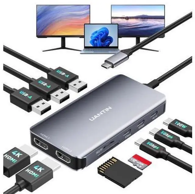 Main image of USB C Docking Station Dual Monitor, 10-in-1 USB C to Dual HDMI Adapter with 2HDMI Ports, USBC & USBA 3.0, SD/Micro SD, 100W PD, Laptop Docking Station for Dell XPS/HP/Lenovo/Mac/Surface etc