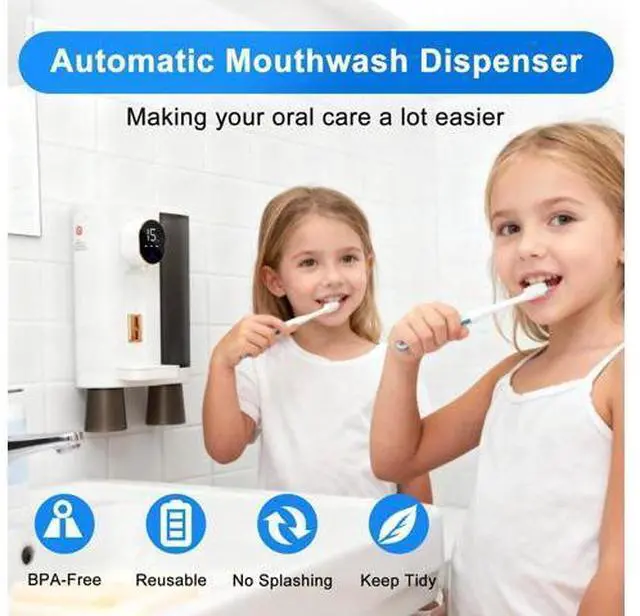 Alt view image 2 of 7 - Automatic Mouthwash Dispenser for Bathroom, 20.3Oz Mouth Wash Dispenser for Kids and Adult with Magnetic Cups, 3 Dispensing Level, Wall Mounted Electric Mouth Wash Container