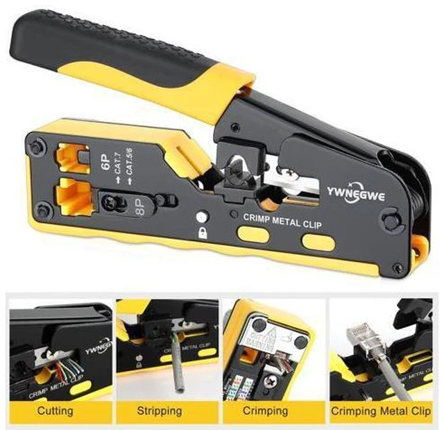 Alt view image 3 of 7 - RJ45 Crimp Tool Kit Pass Through Ethernet Crimper Kit Cat5 Cat6 Cat7 Crimping Tool Kit,All-in-One Stripping Cutting Crimping Tool for RJ11/RJ12 Standard,RJ45 Pass Through Connectors