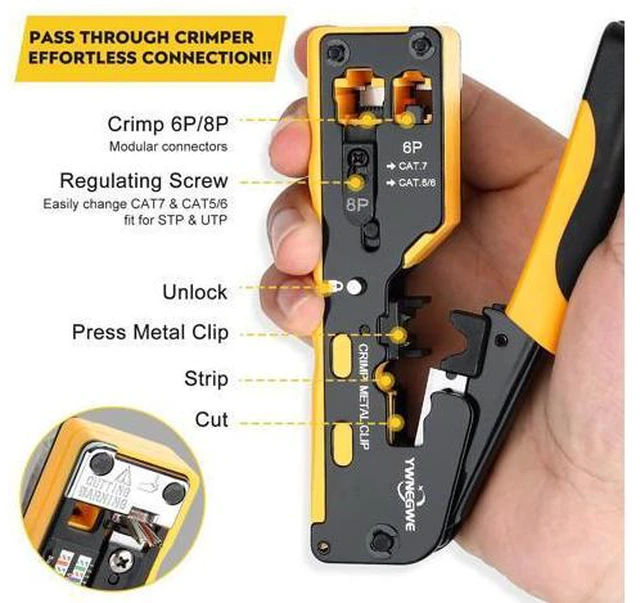 Alt view image 4 of 7 - RJ45 Crimp Tool Kit Pass Through Ethernet Crimper Kit Cat5 Cat6 Cat7 Crimping Tool Kit,All-in-One Stripping Cutting Crimping Tool for RJ11/RJ12 Standard,RJ45 Pass Through Connectors