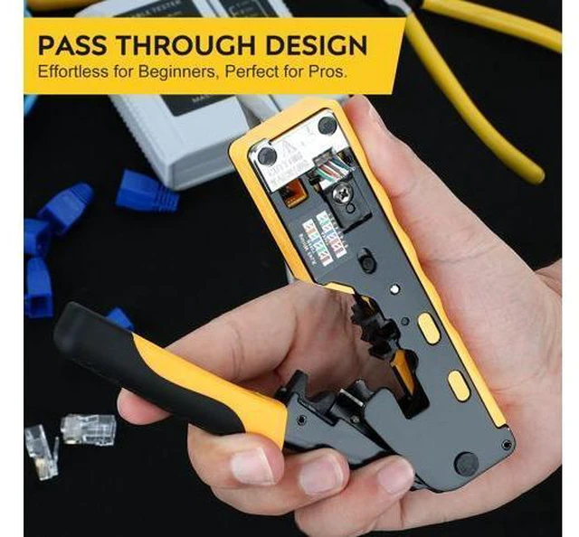 Alt view image 2 of 7 - RJ45 Crimp Tool Kit Pass Through Ethernet Crimper Kit Cat5 Cat6 Cat7 Crimping Tool Kit,All-in-One Stripping Cutting Crimping Tool for RJ11/RJ12 Standard,RJ45 Pass Through Connectors