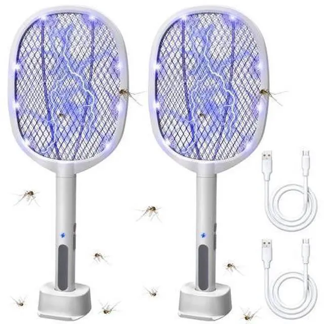 Main image of 2-in-1 Electric Bug Zapper Racket, 2 Pack 3000V High Voltage LED Lighted Handheld Mosquito Swatter with 3 Layer Safety Mesh, USB Charging Portable Fly Killer Racquet