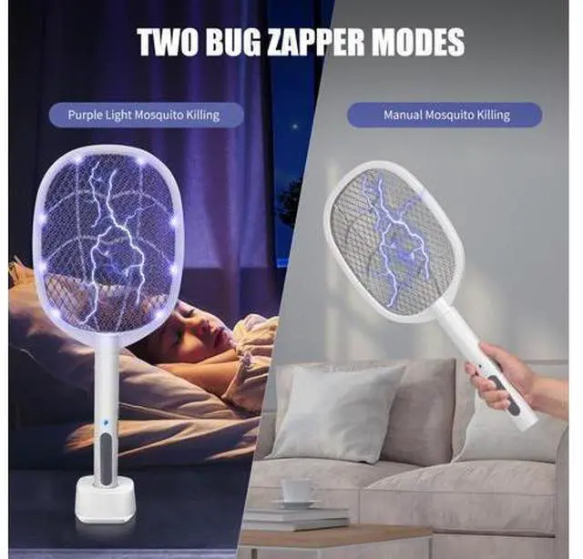 Alt view image 3 of 7 - 2-in-1 Electric Bug Zapper Racket, 2 Pack 3000V High Voltage LED Lighted Handheld Mosquito Swatter with 3 Layer Safety Mesh, USB Charging Portable Fly Killer Racquet