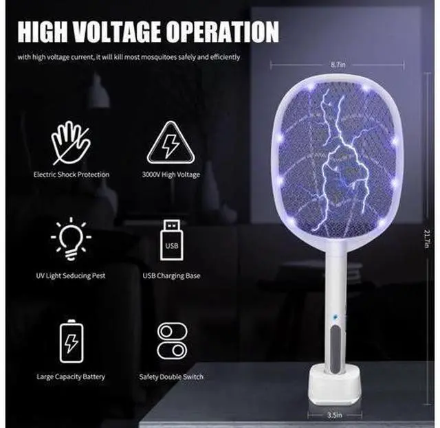 Alt view image 2 of 7 - 2-in-1 Electric Bug Zapper Racket, 2 Pack 3000V High Voltage LED Lighted Handheld Mosquito Swatter with 3 Layer Safety Mesh, USB Charging Portable Fly Killer Racquet