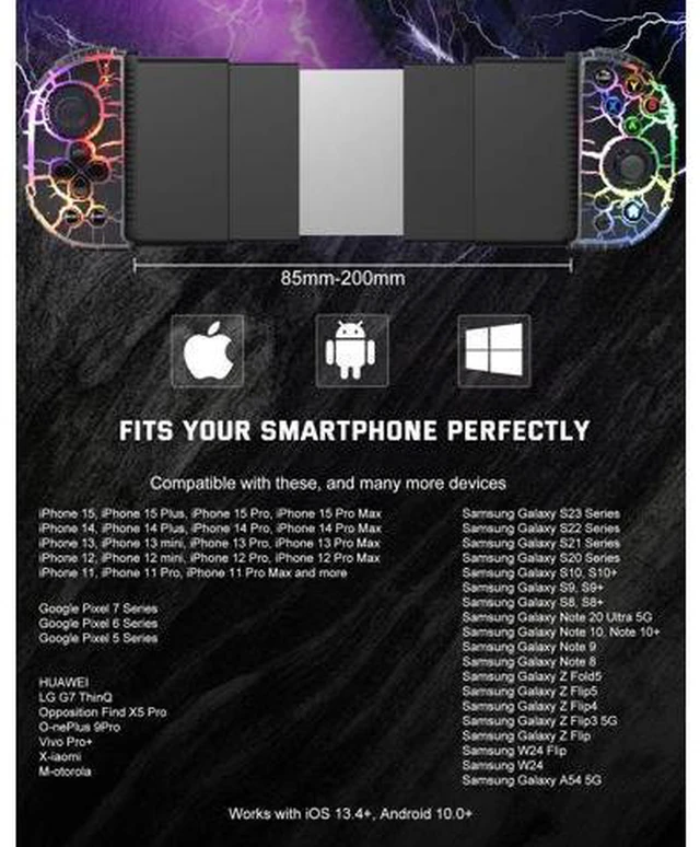 Alt view image 4 of 6 - Phone Controller for iPhone, Android, wireless Game Joystick with Hall Effect Joystick/Turbo, RGB Controller for iPhone 16/15/14/13/12 Series, Galaxy S24/23/S22/S21 Series Play COD Mobile & More