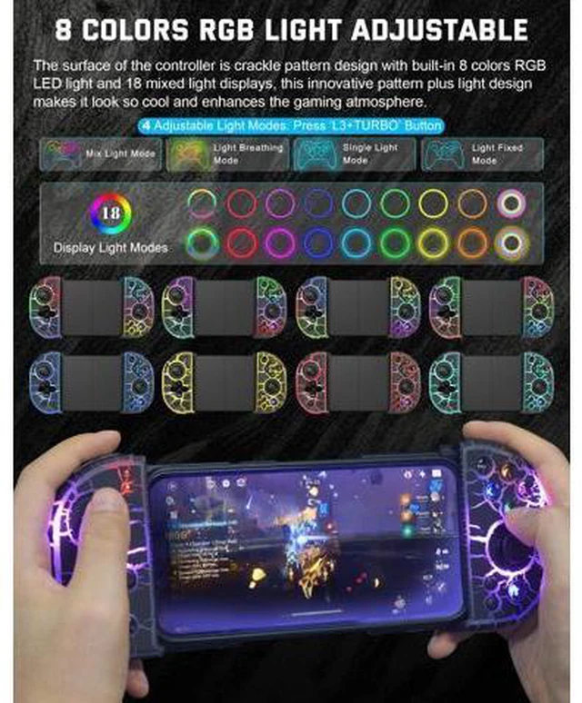 Alt view image 2 of 6 - Phone Controller for iPhone, Android, wireless Game Joystick with Hall Effect Joystick/Turbo, RGB Controller for iPhone 16/15/14/13/12 Series, Galaxy S24/23/S22/S21 Series Play COD Mobile & More