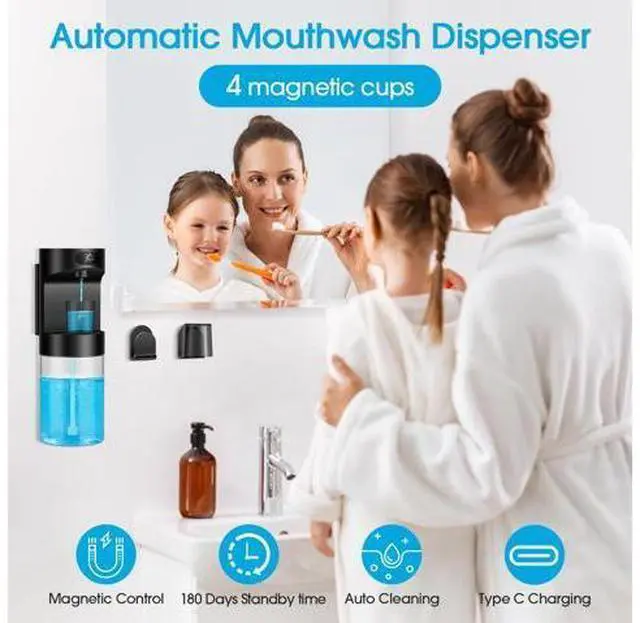 Alt view image 2 of 7 - Automatic Mouthwash Dispenser for Bathroom,20.29 oz Touchless Electric Mouth Wash Dispensers Bathroom Accessories Set with 4 Magnetic Cups,4 Modes Wall Mounted Mouth Wash Dispenser for Home & Kids