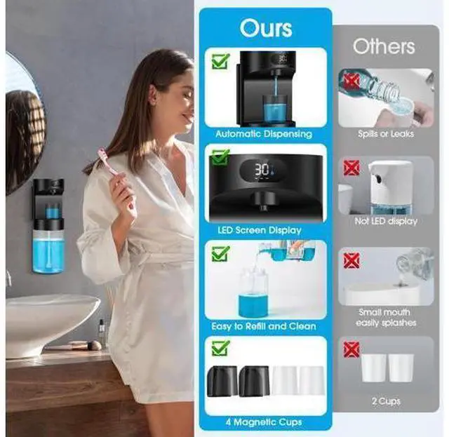 Alt view image 6 of 7 - Automatic Mouthwash Dispenser for Bathroom,20.29 oz Touchless Electric Mouth Wash Dispensers Bathroom Accessories Set with 4 Magnetic Cups,4 Modes Wall Mounted Mouth Wash Dispenser for Home & Kids