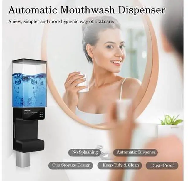 Alt view image 2 of 7 - Automatic Mouthwash Dispenser for Bathroom 700mL(23.67 Oz),Wall Mounted Mouthwash Dispenser with Magnetic Cups,Perfect for Kids and Adults (Dull Black)