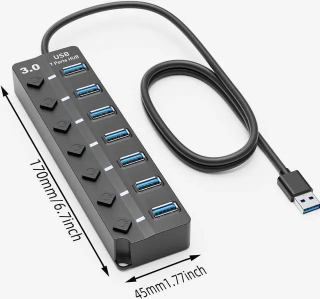 Alt view image 2 of 7 - USB 3.0 Hub 7-Port USB Data Hub Splitter with 3ft Long Cable USB Extension for Laptop PC Computer Surface Pro PS4/5 Flash Drive Mobile HDD - with LED Individual On/Off