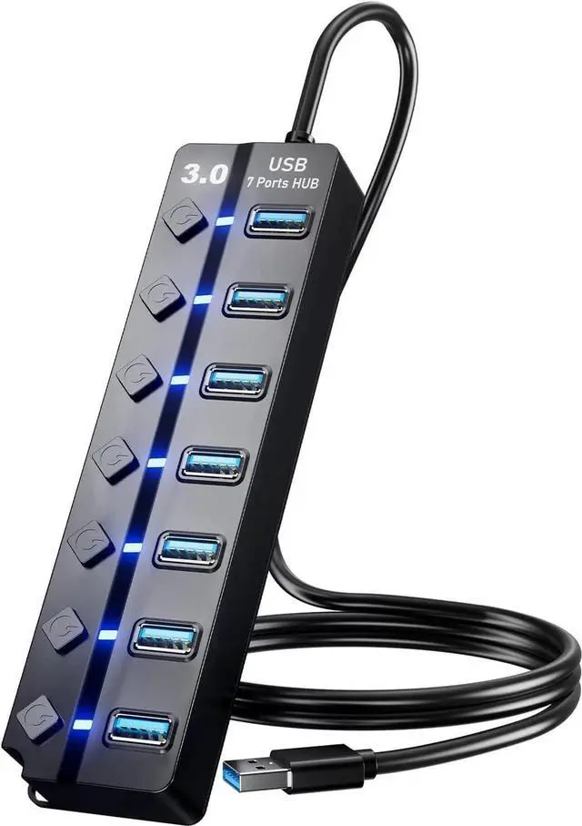Main image of USB 3.0 Hub 7-Port USB Data Hub Splitter with 3ft Long Cable USB Extension for Laptop PC Computer Surface Pro PS4/5 Flash Drive Mobile HDD - with LED Individual On/Off