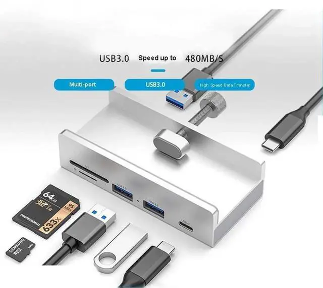 Alt view image 5 of 5 - RAMAHP USB 3.0 Hub, USB Hub Clamp, Aluminum 4-Port USB Splitter with Extra Power Supply Port, Desktop Powered USB Hub for Monitors/Desks 4 USB