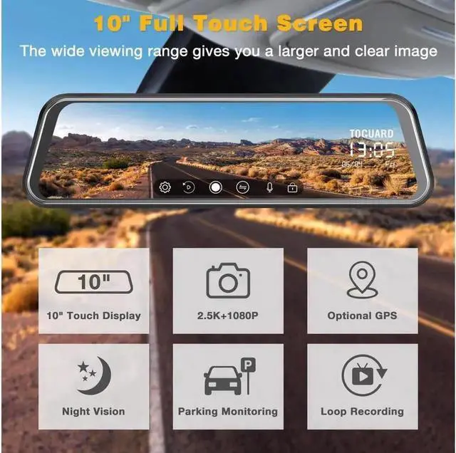 Alt view image 3 of 7 - Mirror Dash Cam 10" Touch Screen 2.5K + 1080P Dual Dash Camera for Cars Night Vision Waterproof Parking Assistant Rear View Camera