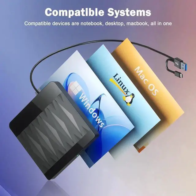 Alt view image 4 of 7 - QURO External Blu Ray Drive Support 50G Disc Read/Write, 3D Portable USB 3.0&Type-C External Blueray/DVD Drive for PC, CD/DVD/Blu Ray Burner Suitable for Windows MacOS Linux Laptop Desktop