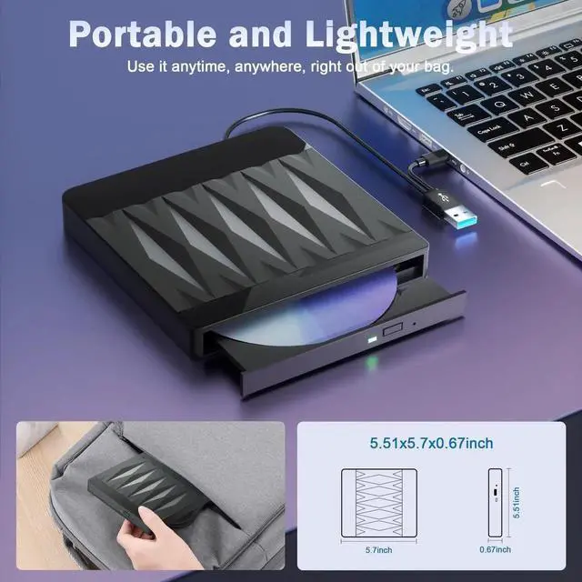 Alt view image 7 of 7 - QURO External Blu Ray Drive Support 50G Disc Read/Write, 3D Portable USB 3.0&Type-C External Blueray/DVD Drive for PC, CD/DVD/Blu Ray Burner Suitable for Windows MacOS Linux Laptop Desktop