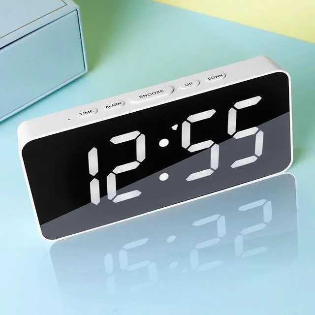 Main image of QURO Digital LED Smart Office Desk Atomic Mirror Surface Alarm Clock Electronic Time Date Indoor Temperature 3 Sets Home Bedroom Use