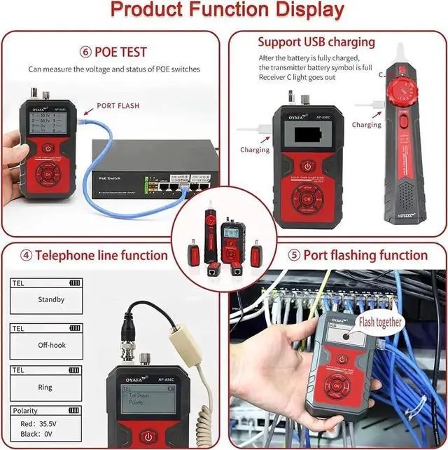 Alt view image 7 of 7 - LCD Network Cable Tester, Multifunction RJ11 RJ45 Ethernet Cable Tester with VFL Function and POE Tester, Anti-Interference Network Tester for Communication Line, Network Tool Kit