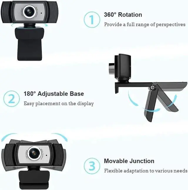 Alt view image 7 of 7 - 1080P Webcam with Microphone, HD PC Desktop Computer MF Web Cam with 180° Ajustable Clip, 360°Rotatable USB Smart TV Web Camera for Skype, Live Steam, Video Chat, Recording, Conferencing