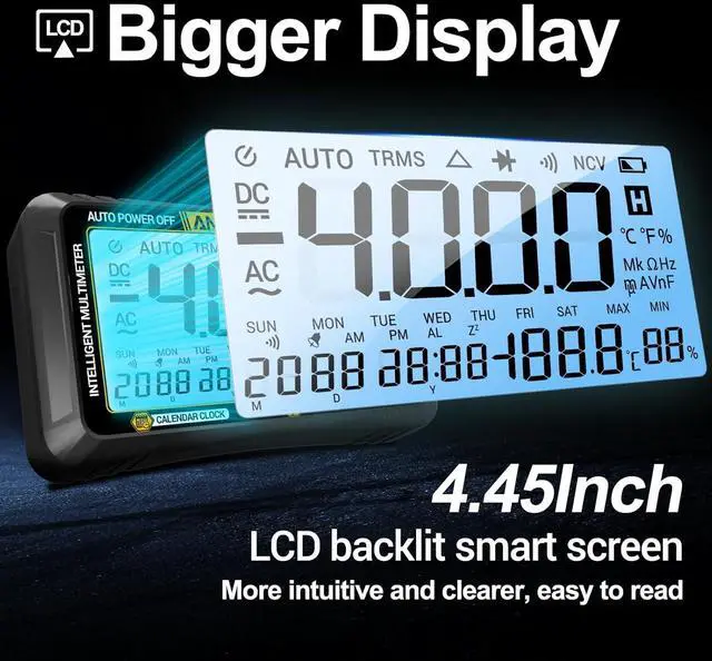 Alt view image 2 of 7 - Digital Multimeter Tester,4000 Counts Voltage Tester,Auto-Ranging TRMS Volt Meter,Large LCD Ohm Meter Measures AC/DC Current,Voltage,Resistance, Diode,Continuity,Capacitance,Temperature Black