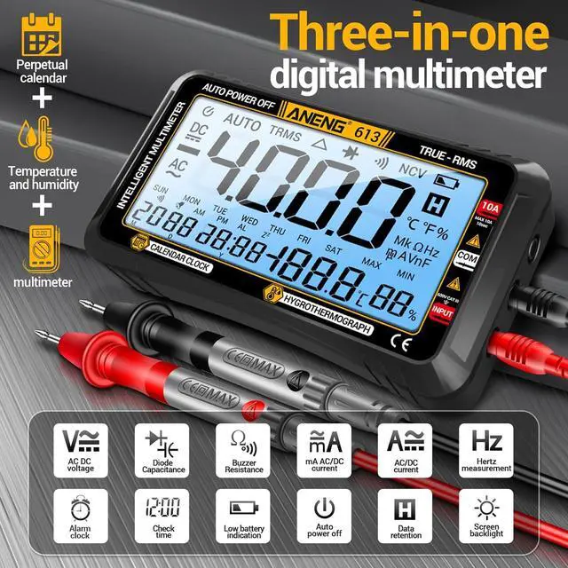 Alt view image 6 of 7 - Digital Multimeter Tester,4000 Counts Voltage Tester,Auto-Ranging TRMS Volt Meter,Large LCD Ohm Meter Measures AC/DC Current,Voltage,Resistance, Diode,Continuity,Capacitance,Temperature Black