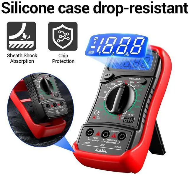 Alt view image 5 of 7 - Multimeter with Case,Ammeter Voltmeter Ohmmeter AC/DC Voltage,DC Current,Resistance,Diode hFE Transistor,Backlit Screen,Data Retention,Electrical Test Meter for DIY Home Electrical Testing Red