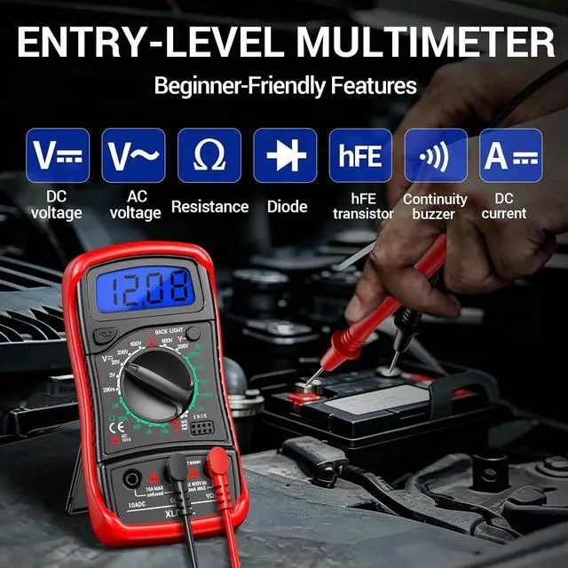 Alt view image 2 of 7 - Multimeter with Case,Ammeter Voltmeter Ohmmeter AC/DC Voltage,DC Current,Resistance,Diode hFE Transistor,Backlit Screen,Data Retention,Electrical Test Meter for DIY Home Electrical Testing Red