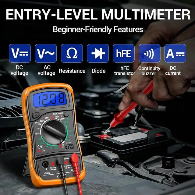Alt view image 2 of 7 - Multimeter with Case,Ammeter Voltmeter Ohmmeter AC/DC Voltage,DC Current,Resistance,Diode hFE Transistor,Backlit Screen,Data Retention,Electrical Test Meter for DIY Home Electrical Testing orange