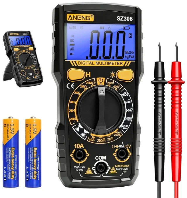 Main image of Digital Multimeter, Black, Backlit LCD Display, Data Hold Function, AC DC Voltage Current Resistance Diode Continuity Tester SZ306 Black