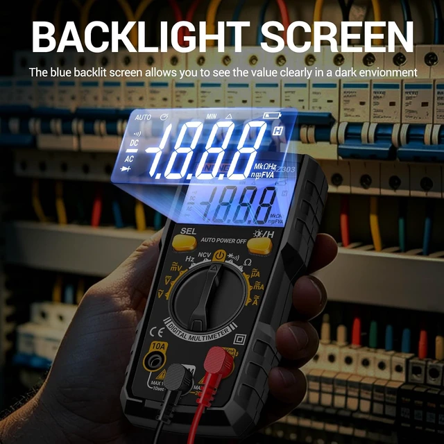 Alt view image 6 of 7 - Digital Multimeter, Black, Backlit LCD Display, Data Hold Function, AC DC Voltage Current Resistance Diode Continuity Tester SZ306 Black