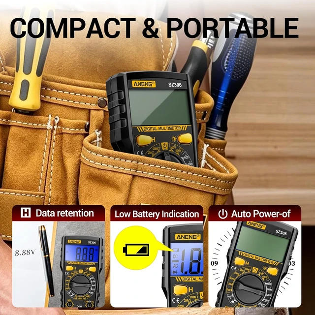 Alt view image 5 of 7 - Digital Multimeter, Black, Backlit LCD Display, Data Hold Function, AC DC Voltage Current Resistance Diode Continuity Tester SZ306 Black