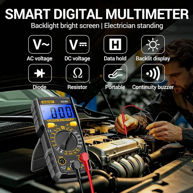 Alt view image 2 of 7 - Digital Multimeter, Black, Backlit LCD Display, Data Hold Function, AC DC Voltage Current Resistance Diode Continuity Tester SZ306 Black