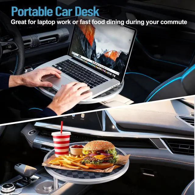 Alt view image 3 of 7 - Car Tray Table & Car Desk for Laptop with 2 Risers and Anti-Slip Pad, 360° Rotating Cup Holder for Working and Eating Compatible with Tesla Model 3/Y/S, Ford F150/Explorer/Maverick & Most Vehicles/EV