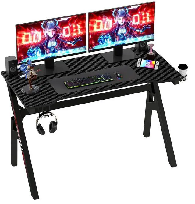 Main image of | 47" Gaming Desk | Black & Red | Carbon Fiber Textured Computer Desk | Sturdy Steel Frame,Cup Holder, Headphone Hook, Cable Management Holes, Adjustable Leg Pads | for Gamers,Home,Office