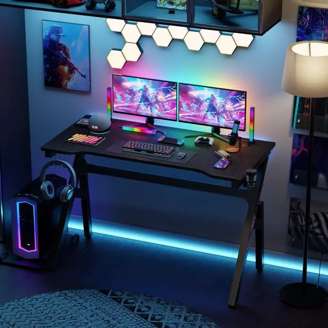 Alt view image 2 of 7 - | 47" Gaming Desk | Black & Red | Carbon Fiber Textured Computer Desk | Sturdy Steel Frame,Cup Holder, Headphone Hook, Cable Management Holes, Adjustable Leg Pads | for Gamers,Home,Office