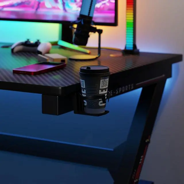Alt view image 5 of 7 - | 47" Gaming Desk | Black & Red | Carbon Fiber Textured Computer Desk | Sturdy Steel Frame,Cup Holder, Headphone Hook, Cable Management Holes, Adjustable Leg Pads | for Gamers,Home,Office