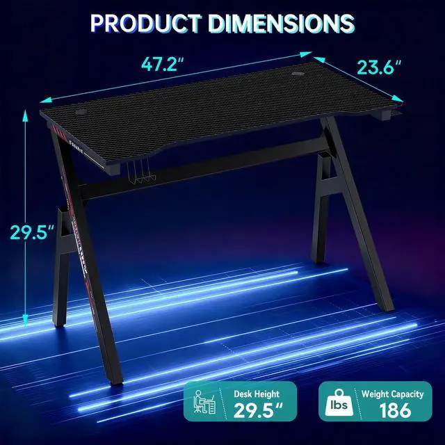 Alt view image 7 of 7 - | 47" Gaming Desk | Black & Red | Carbon Fiber Textured Computer Desk | Sturdy Steel Frame,Cup Holder, Headphone Hook, Cable Management Holes, Adjustable Leg Pads | for Gamers,Home,Office