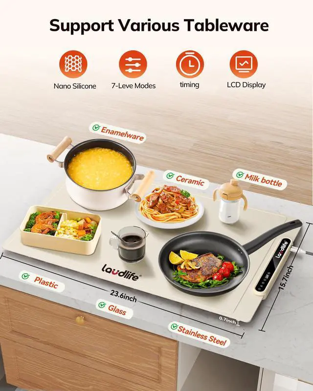 Alt view image 5 of 7 - Food Warming Mat 24x16 Inches, Electric Warming Tray with 7 Temps, Foldable Food Warmer for Parties, Buffets, Family Gatherings, Holiday & Sabbath, Child Lock, Heating Mat for Food, Beige