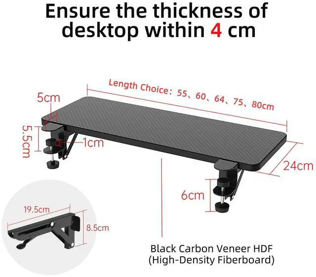 Alt view image 3 of 7 - Ergonomics Desk Extender Tray, 31.5x9.5" Punch-Free Clamp on, Foldable Keyboard Drawer Tray, Table Mount Arm Wrist Rest Shelf, Computer Elbow Arm Support