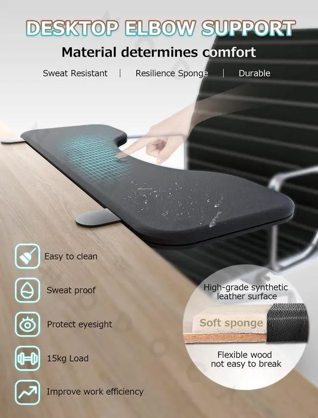 Alt view image 4 of 7 - Arm Rest for Desk, Ergonomics Wrist Rest, Desk Extender, Soft Sponge Built-in, Comfortable Arm Support for Desk, Wrapped in Eco-Friendly Leather, Foldable Elbow Rest for Desk(1, Black, 26.5'')