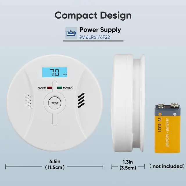 Alt view image 7 of 7 - Smoke and Carbon Monoxide Detector, Combination Smoke Alarm and Carbon Monoxide Detector Battery Powered, CO Detector Alarm with Sensitive Sensor, Sound Warning and LCD Display, CDR-803