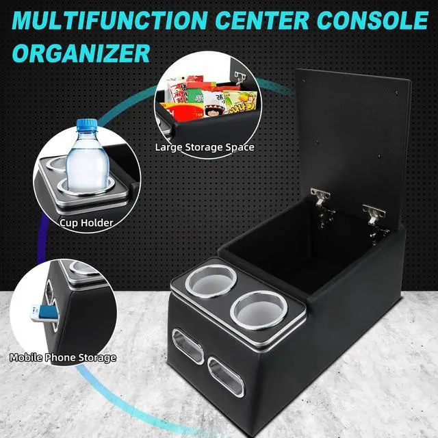 Alt view image 2 of 7 - Universal Car Center Console Organizer with Cup Holder& Phone Holder, Rear Bench Seat Consoles with Armrest Middle Storage Box, Truck Seat Organizer for Car & Van & Truck Floor Cab, Black