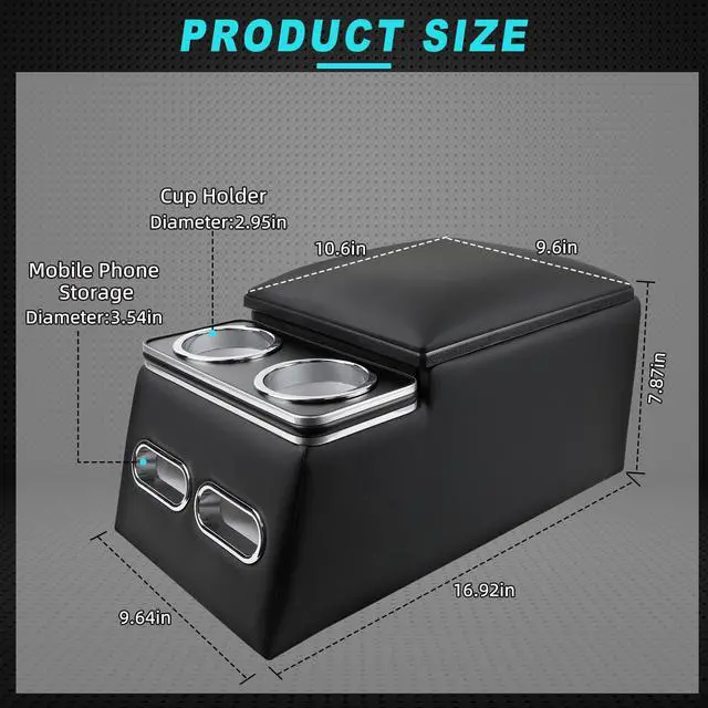 Alt view image 7 of 7 - Universal Car Center Console Organizer with Cup Holder& Phone Holder, Rear Bench Seat Consoles with Armrest Middle Storage Box, Truck Seat Organizer for Car & Van & Truck Floor Cab, Black